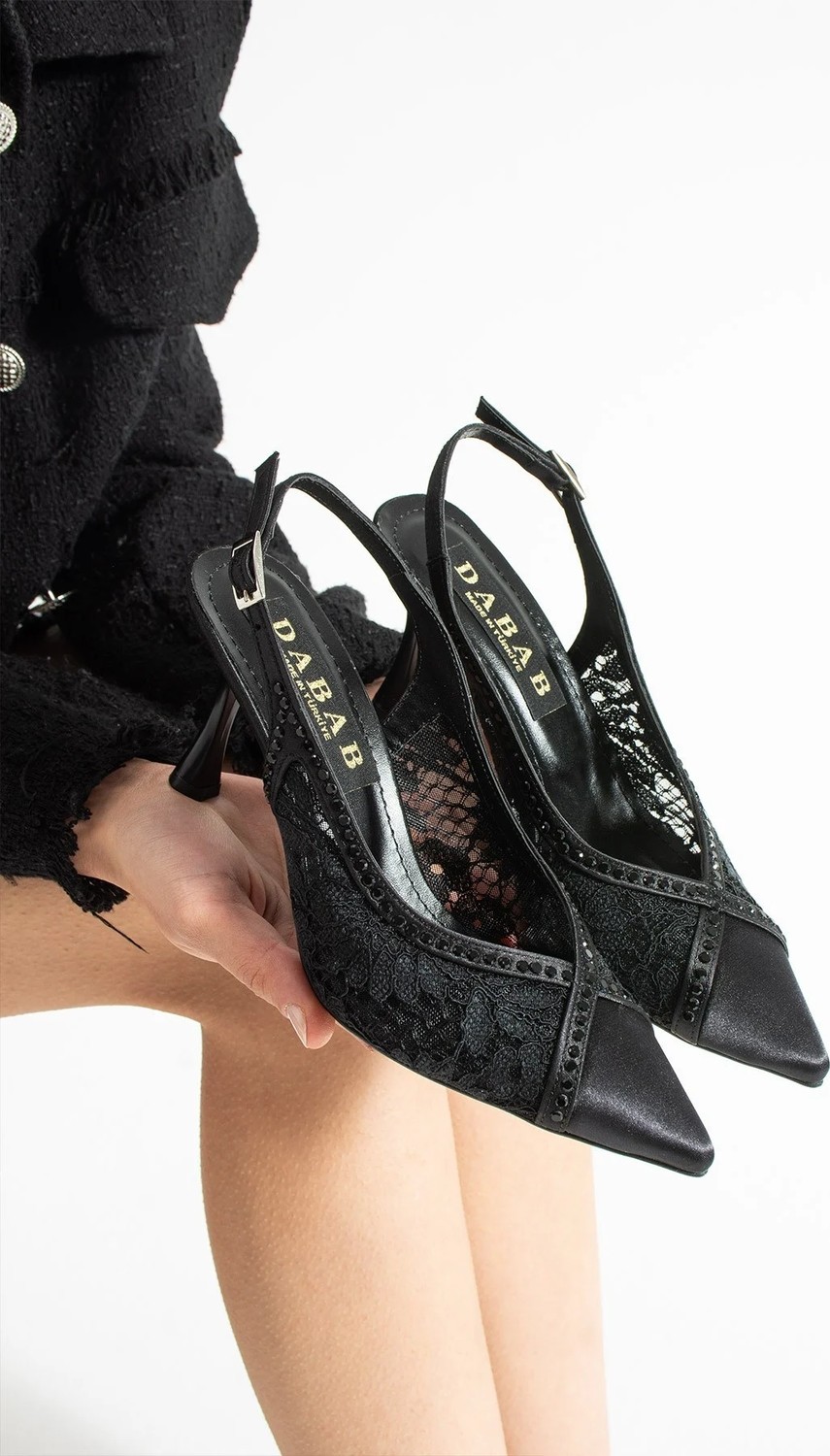 Dabab Shoes Laceora Kadın Gümüş Sivri Burun 10 cm Topuklu Dantel Dokulu Inci Detaylı Slingback Abiye Ayakkabı