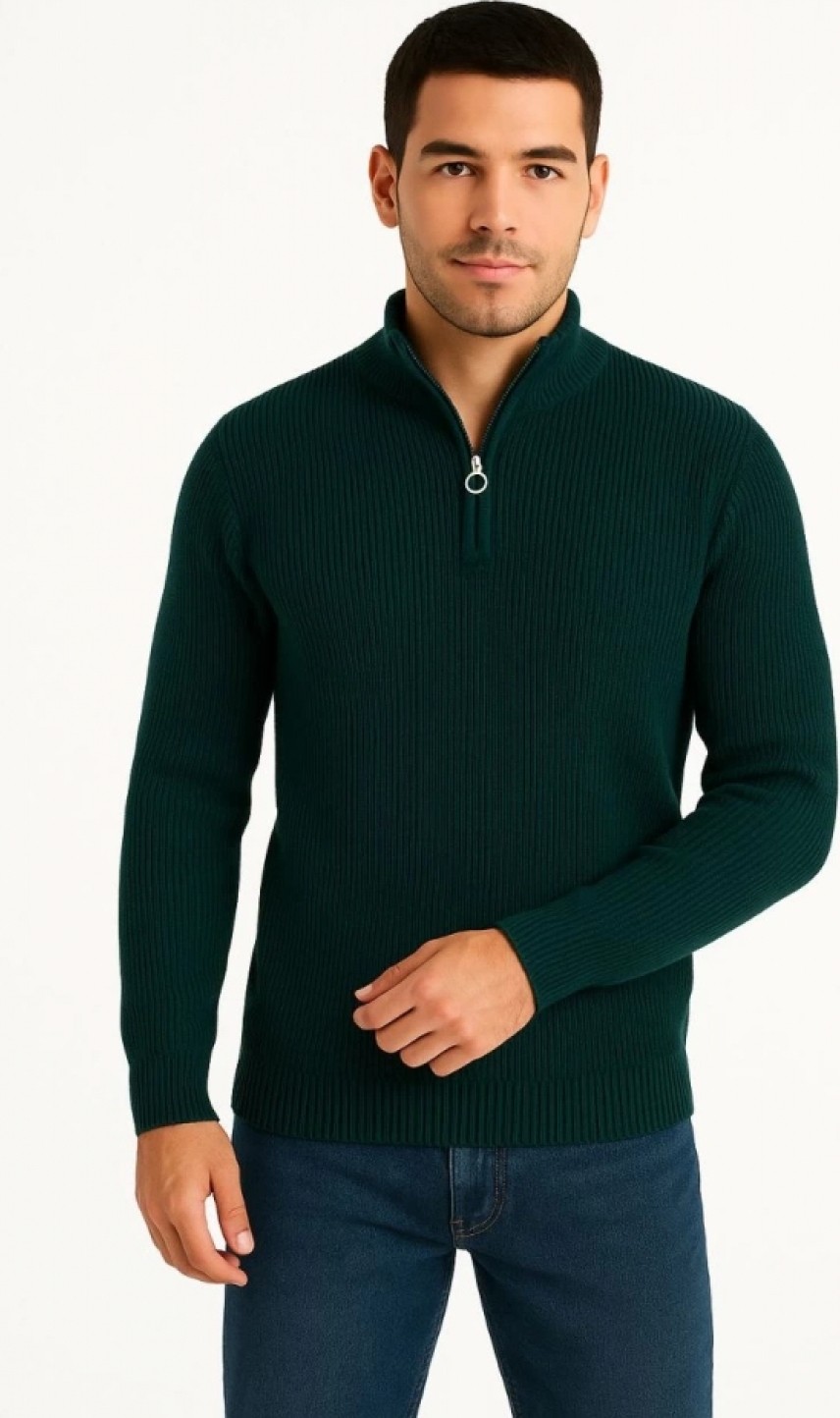 Pileli Store Erkek Yarım Fermuarlı Triko Kazak, Selanik Örgü, Dik Yaka, Pamuklu Dokuma, Regular Fit Uzun Kollu Kışlık Model - Haki