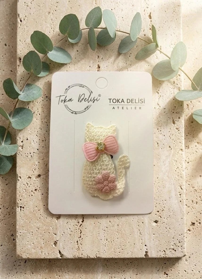 Toka Delisi Bebekler Için Kedicik Figürlü Pembe Krem Taşlı Saçsız Bebek Tokası görsel 2