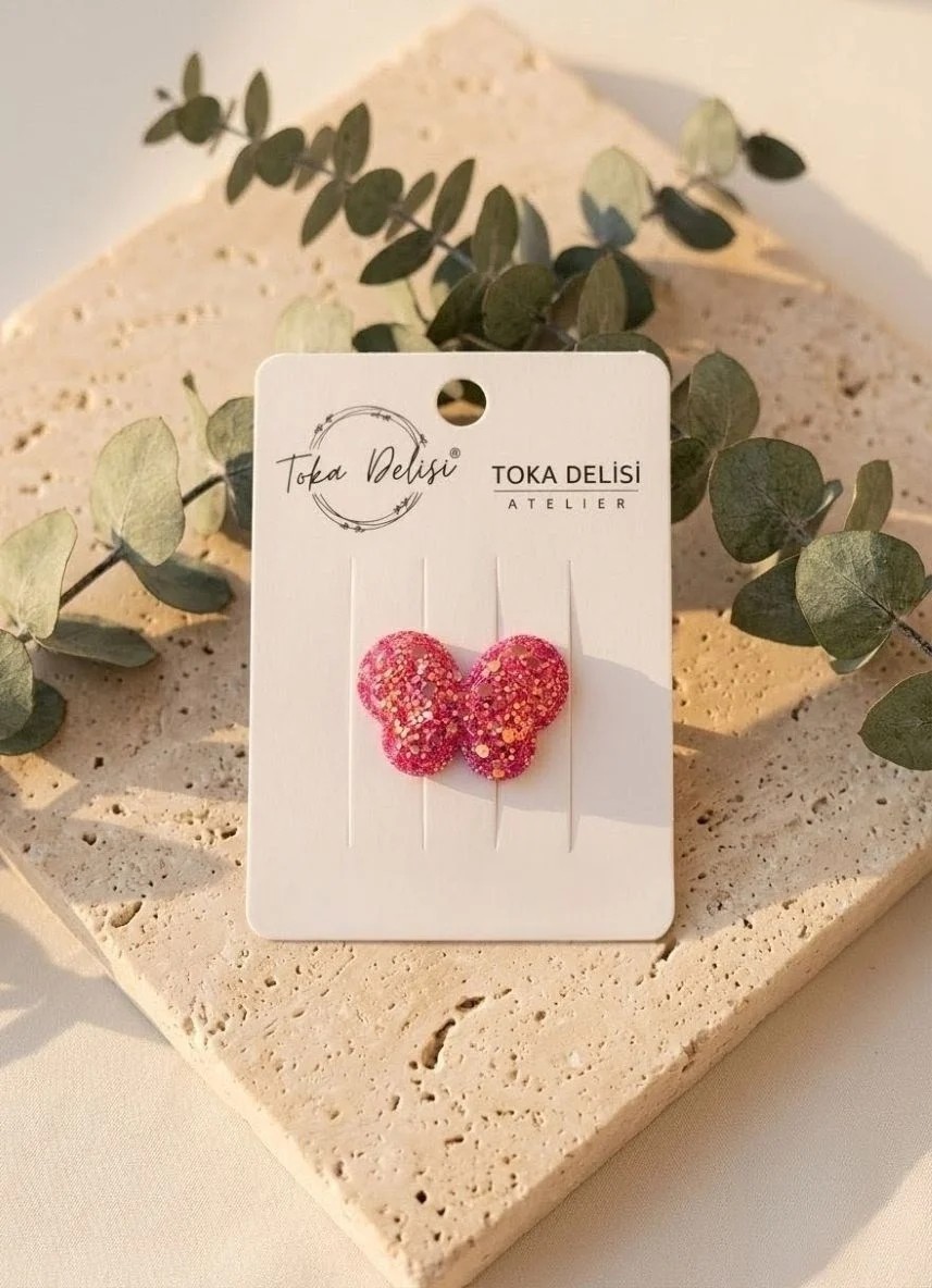 Toka Delisi Bebekler Için Koyu Pembe Glitter Işıltılı Kelebek Figürlü Saçsız Bebek Tokası görsel 2