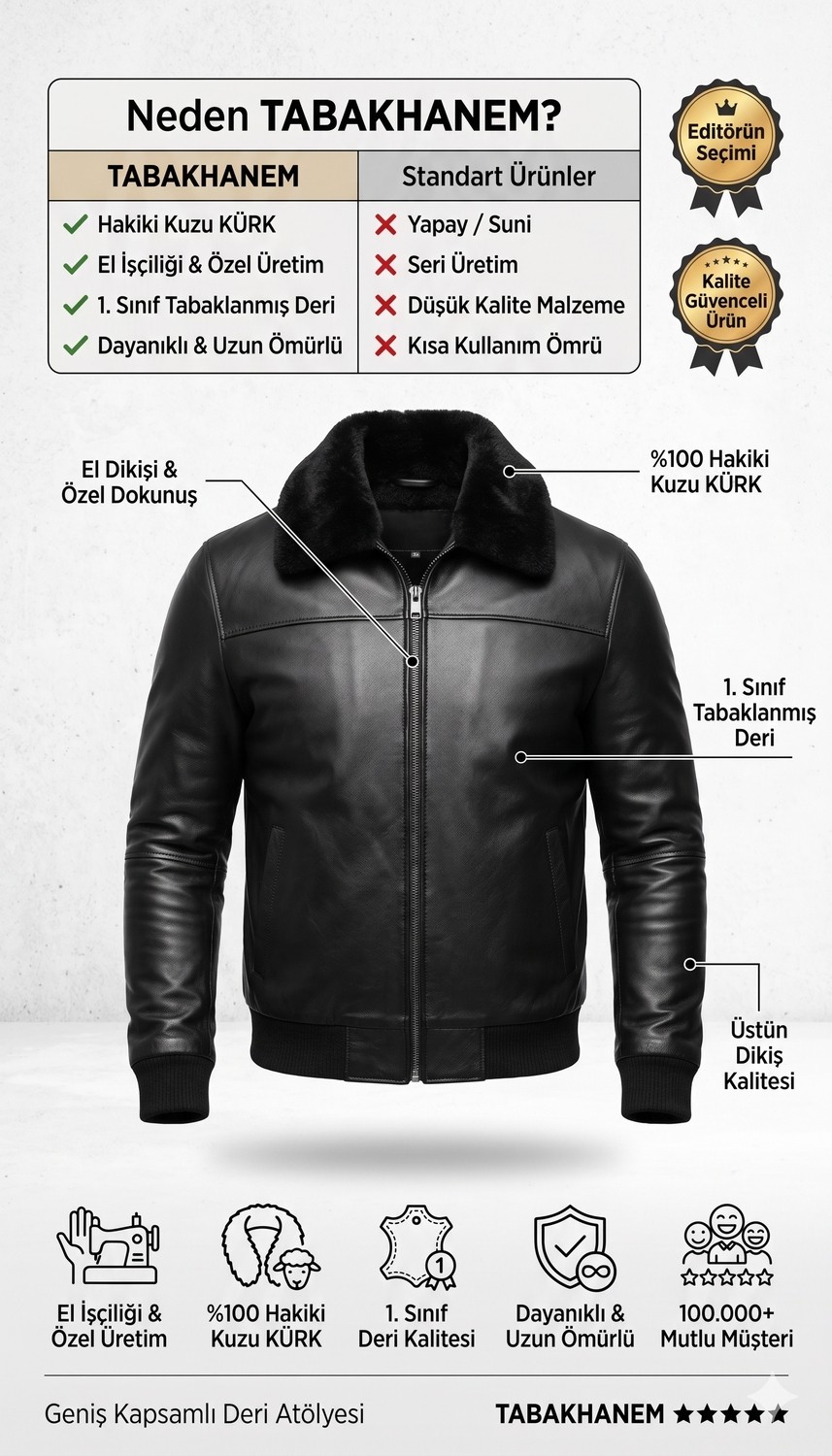 Tabakhanem Erkek Içi Kürklü Hakiki Deri Pilot Mont - Kışlık Bomber Ceket görsel 4