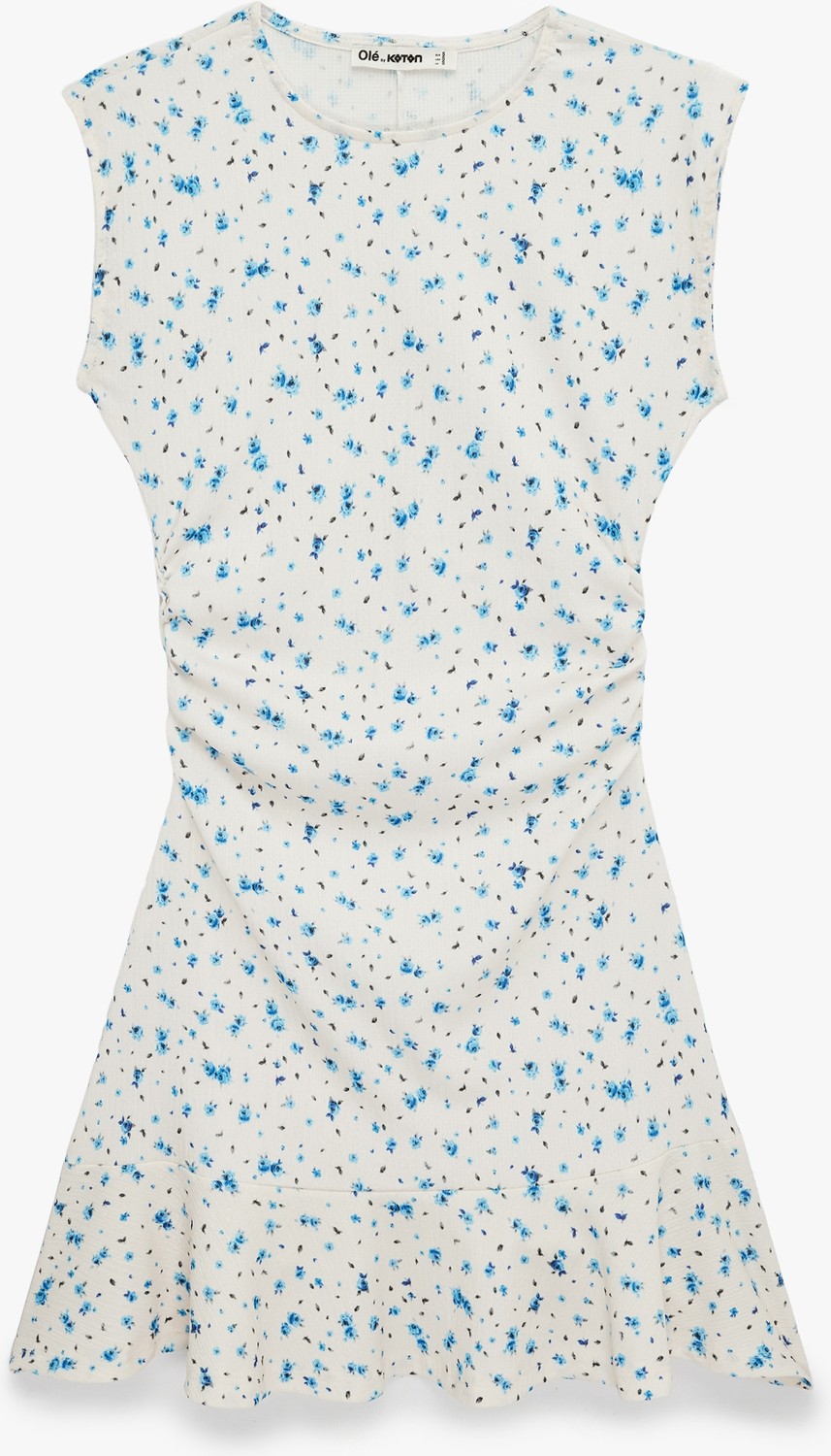 Koton Kolsuz Drapeli Bisiklet Yaka Slim Fit Çiçekli Kloş Mini Elbise görsel 3