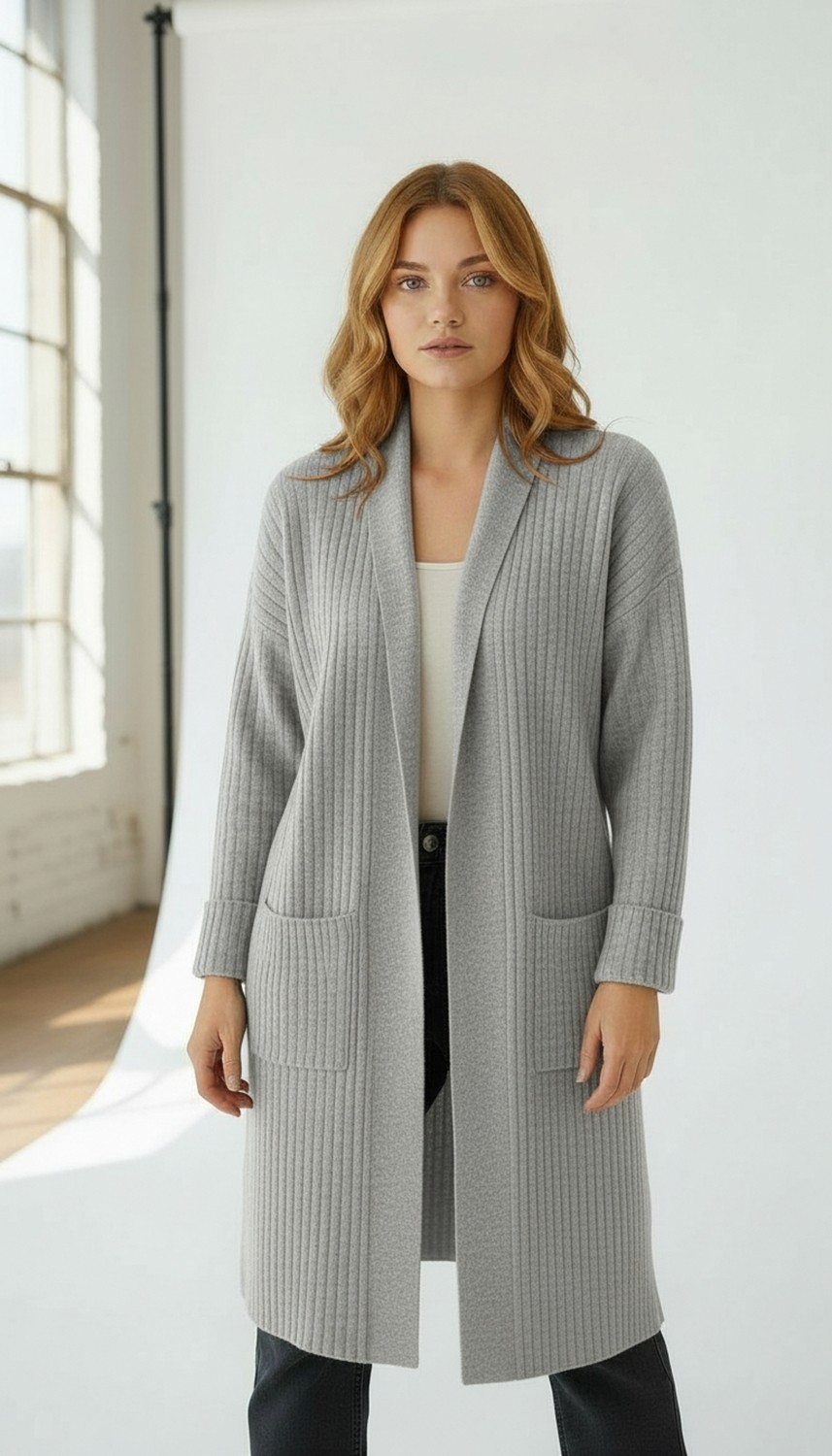 Wearified Kadın Şal Yaka Oversize Uzun Triko Hırka görsel 3