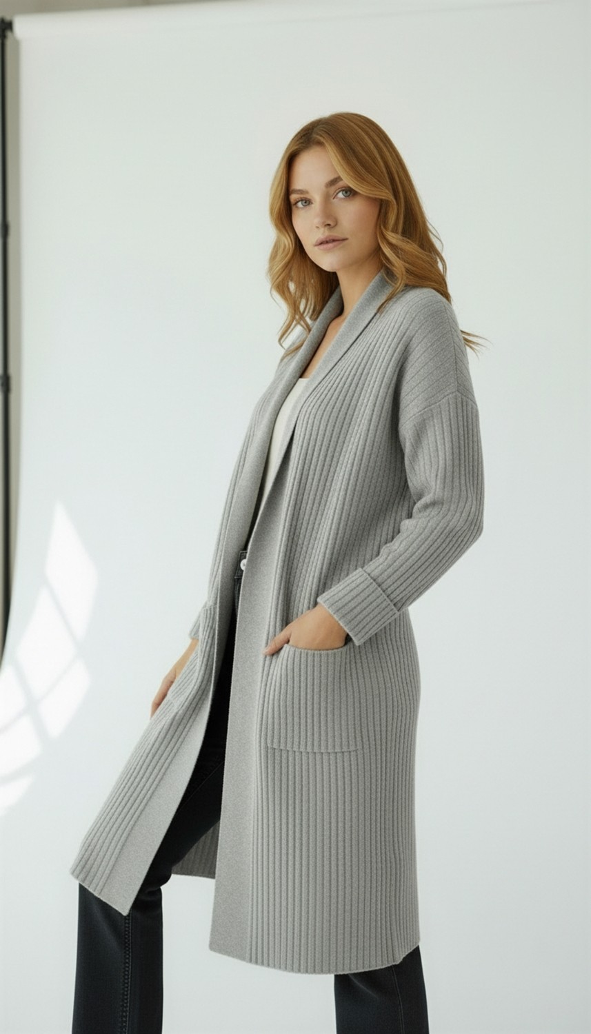 Wearified Kadın Şal Yaka Oversize Uzun Triko Hırka görsel 5