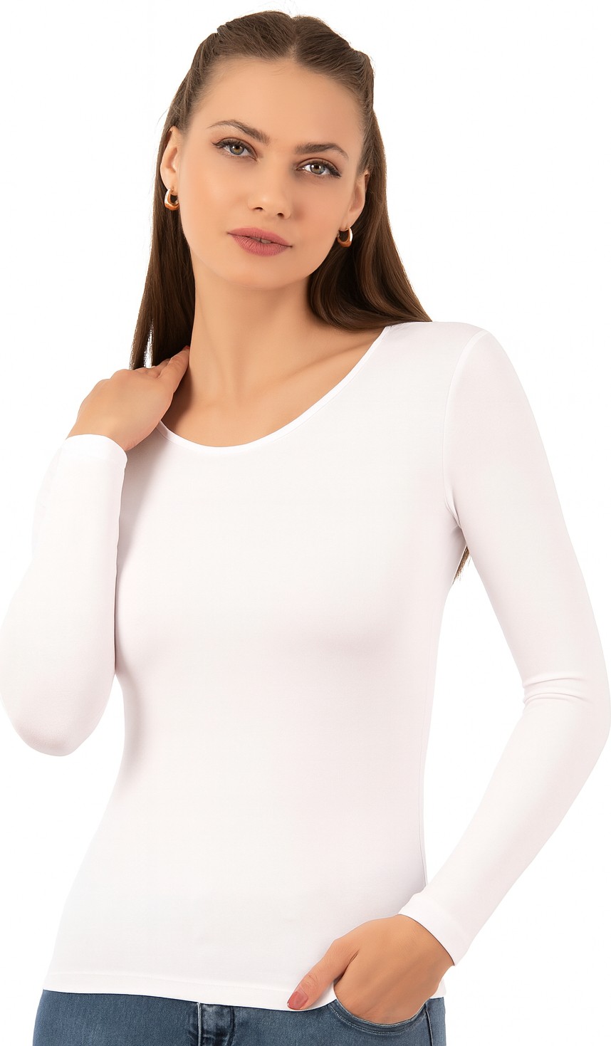 Özkan Underwear Özkan 7124 Kadın Premium Yumuşak Rahat Kumaş Viskon Bisiklet Yaka Uzun Kollu Örme Bluz