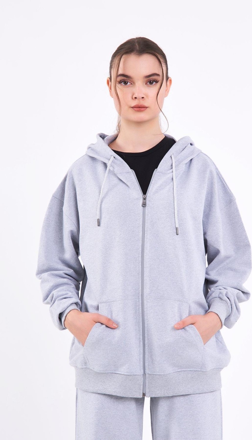 Mmetalic Siyah Kanguru Cepli Kapüşonlu Fermuarlı Oversize Kadın Sweatshirt
