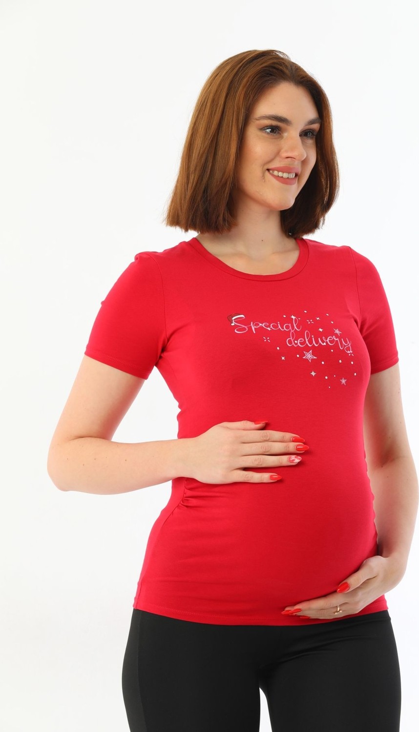Meghan L.A Kırmızı Hamile Bluz Özel Tasarım Baskılı Sim Detaylı Pamuklu Esnek Kumaş görsel 2