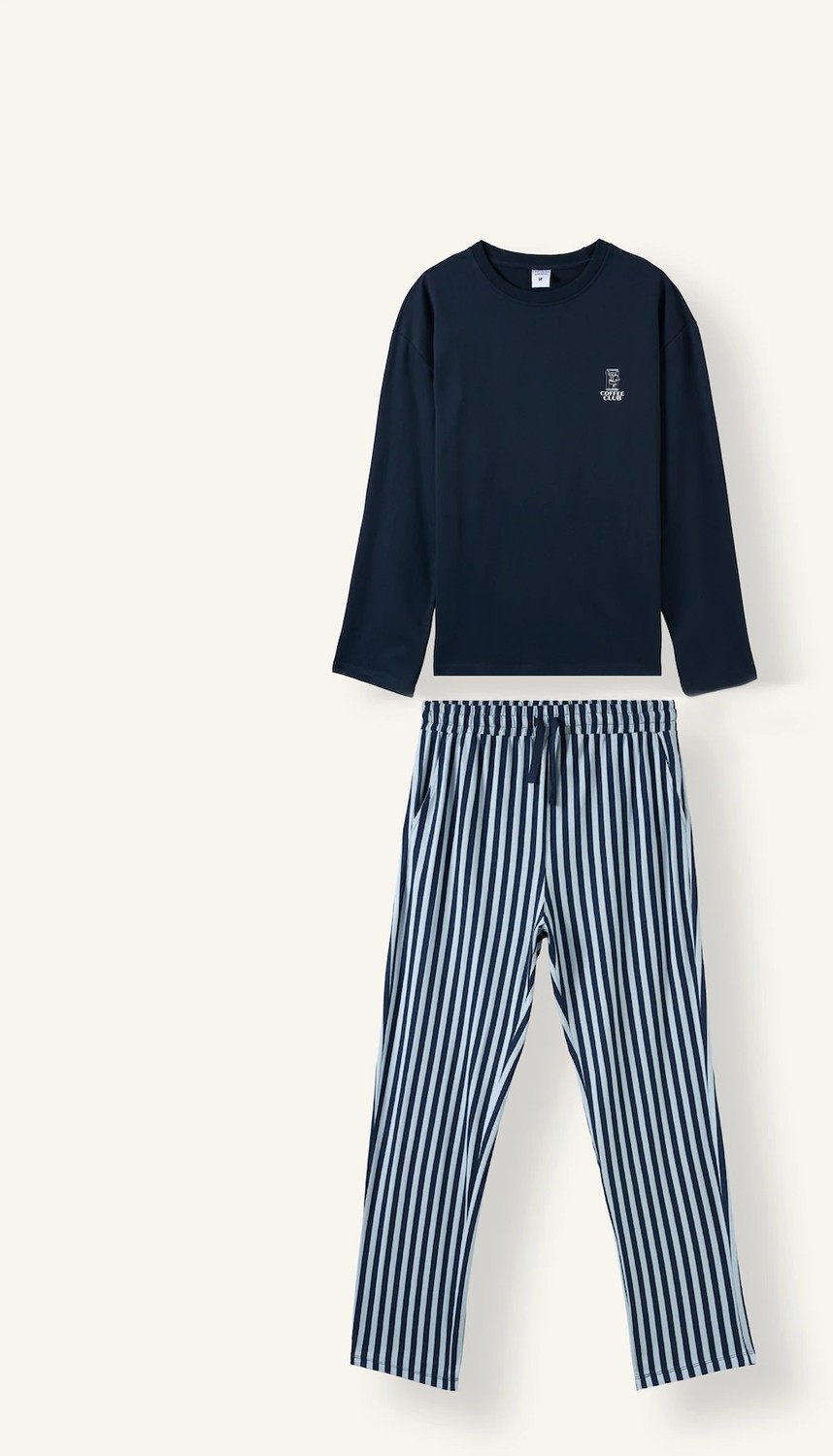 DeFacto %100 Pamuk Regular Fit Bisiklet Yaka Uzun Kollu Baskılı Üst Çizgili Alt Pijama Takımı H9320AX26AU