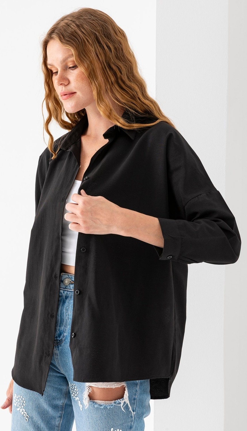 Giysa Kadın Siyah Uzun Kollu Basic Pamuklu Oversize Gömlek - 3900