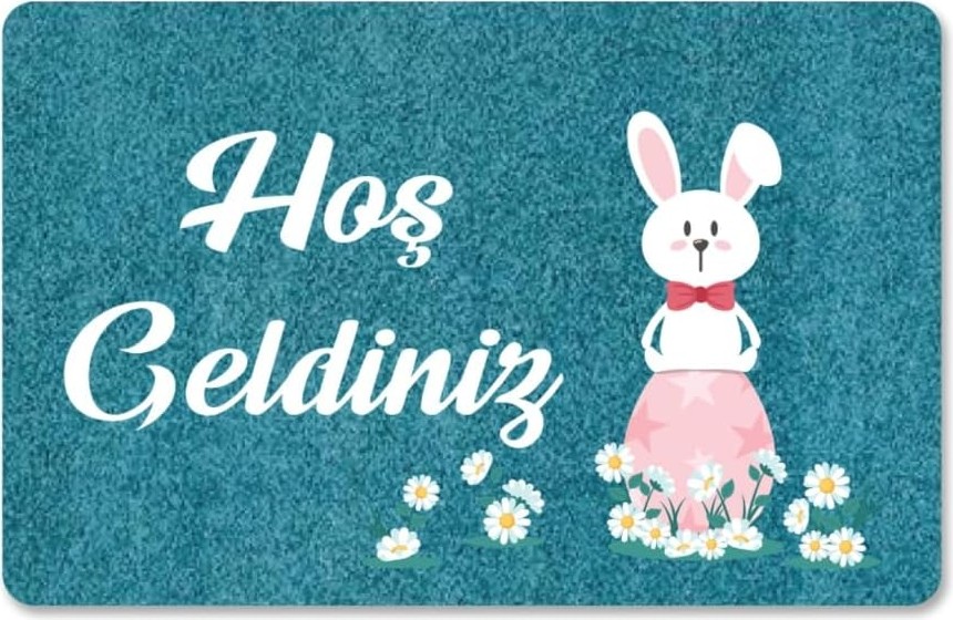 Özkaya Store M&h QUALITY(362) Dijital Baskılı Kapı Önü Paspas Hoşgeldiniz Yazılı Çiçek Desen ve Tavşan Iç ve Dış Kapı Yıkanabilir Siyah ve Mavi 45 x 70 görsel 4
