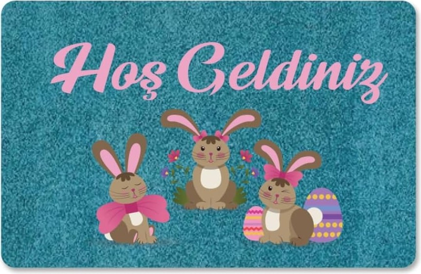 Özkaya Store M&h QUALITY(362) Dijital Baskılı Kapı Önü Paspas Hoşgeldiniz Yazılı Çiçek Desen ve Tavşan Iç ve Dış Kapı Yıkanabilir Siyah ve Mavi 45 x 70 görsel 5