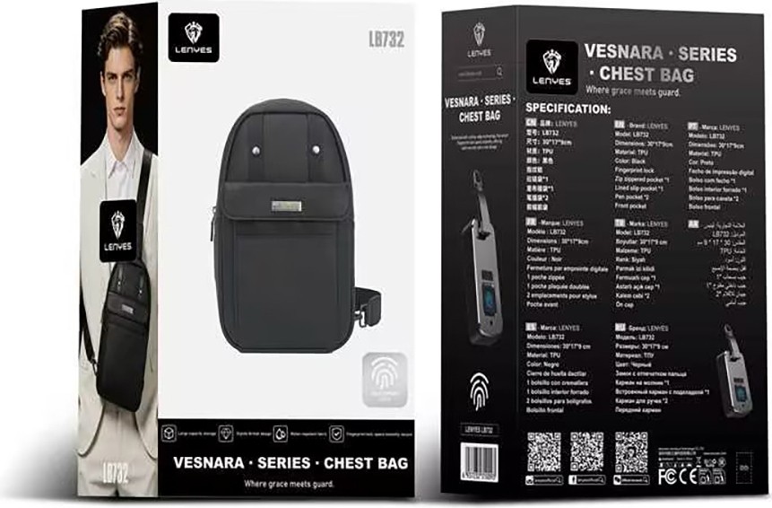 Lenyes LB732 Vesnara Serisi Parmak Izi Kilitli Su Geçirmez Göğüs Çantası Siyah görsel 6