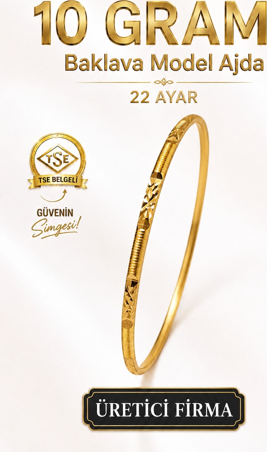 Aks Gold 22 Ayar TSE Belgeli (10 GRAM) Baklava Model Ajda Altın Bilezik Gold Düğün