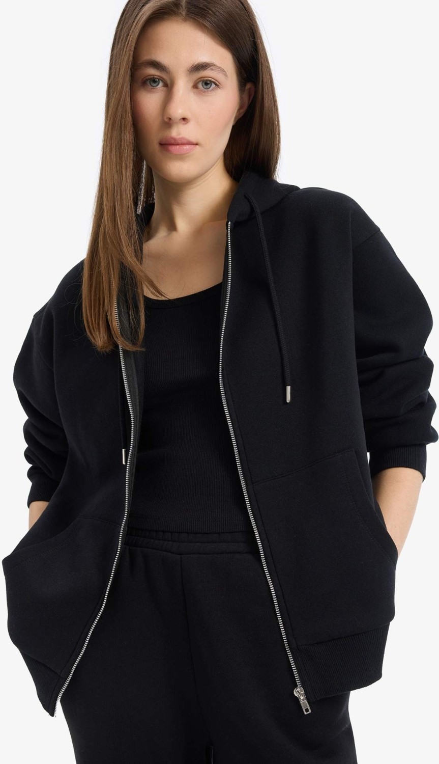 DeFacto Siyah Okula Dönüş Relax Fit Kapüşonlu Kalın Basic Düz Cepli Fermuarlı Sweatshirt D8717AX24WN