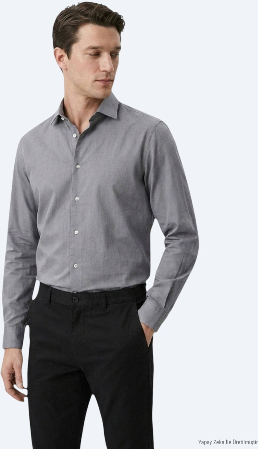 Kip Gri Regular Fit Uzun Dokuma Casual Pamuk Karışımlı Gömlek görsel 3