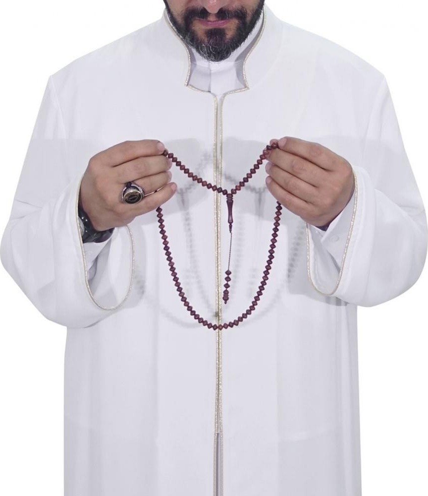 Yaser Giyim Hakim Yaka Biyeli Cübbe - Sarı Biyeli Beyaz (Kemik)