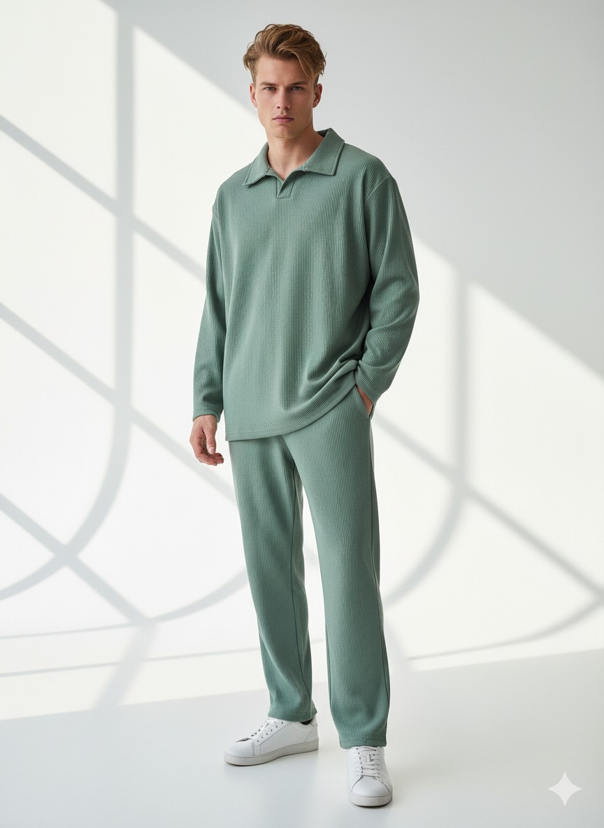 Ribana Classic Unisex Fitilli Gömlek Yaka Uzun Kol Cepli Beli Lastikli 2'li Takım