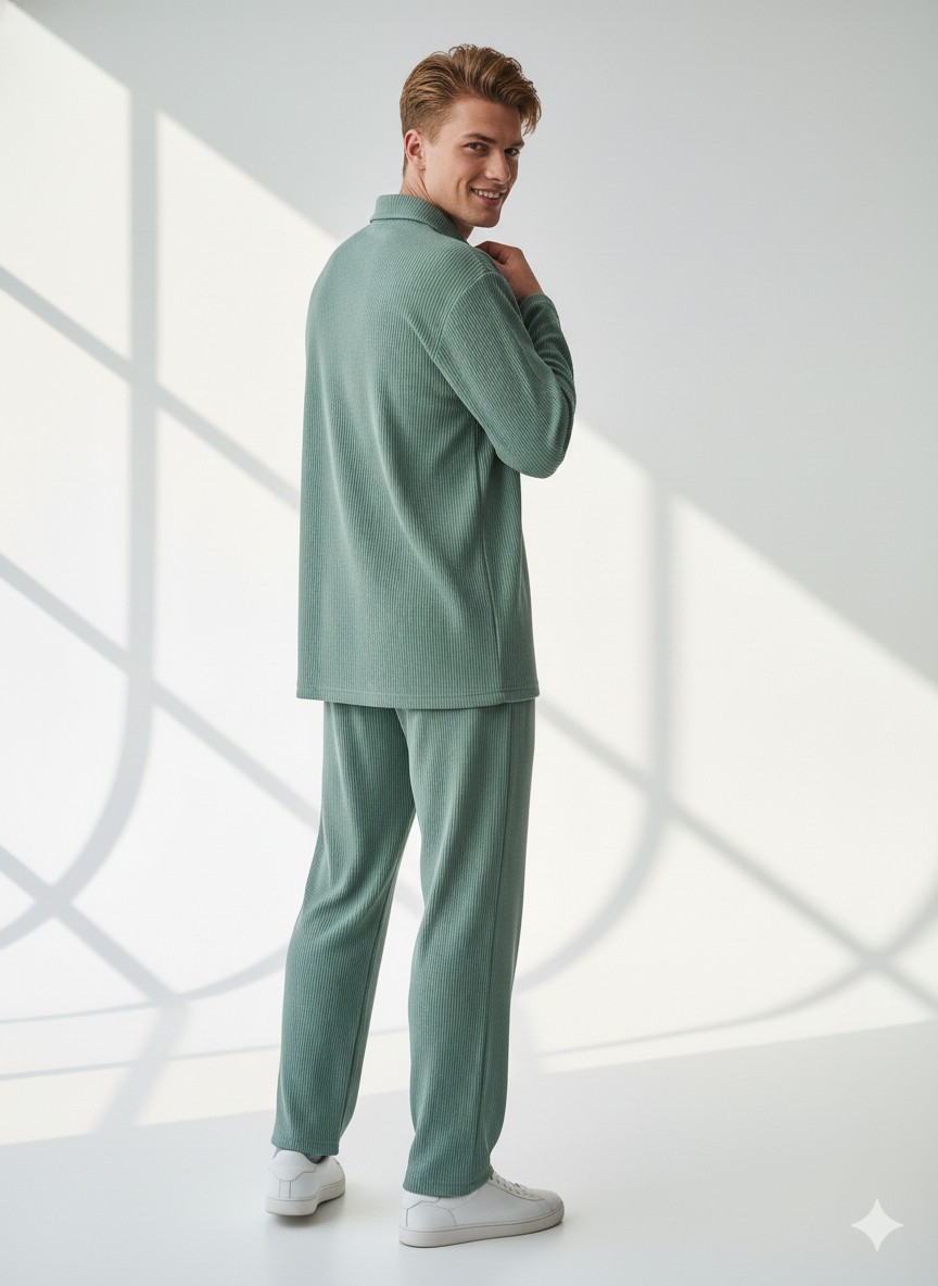 Ribana Classic Unisex Fitilli Gömlek Yaka Uzun Kol Cepli Beli Lastikli 2'li Takım görsel 3