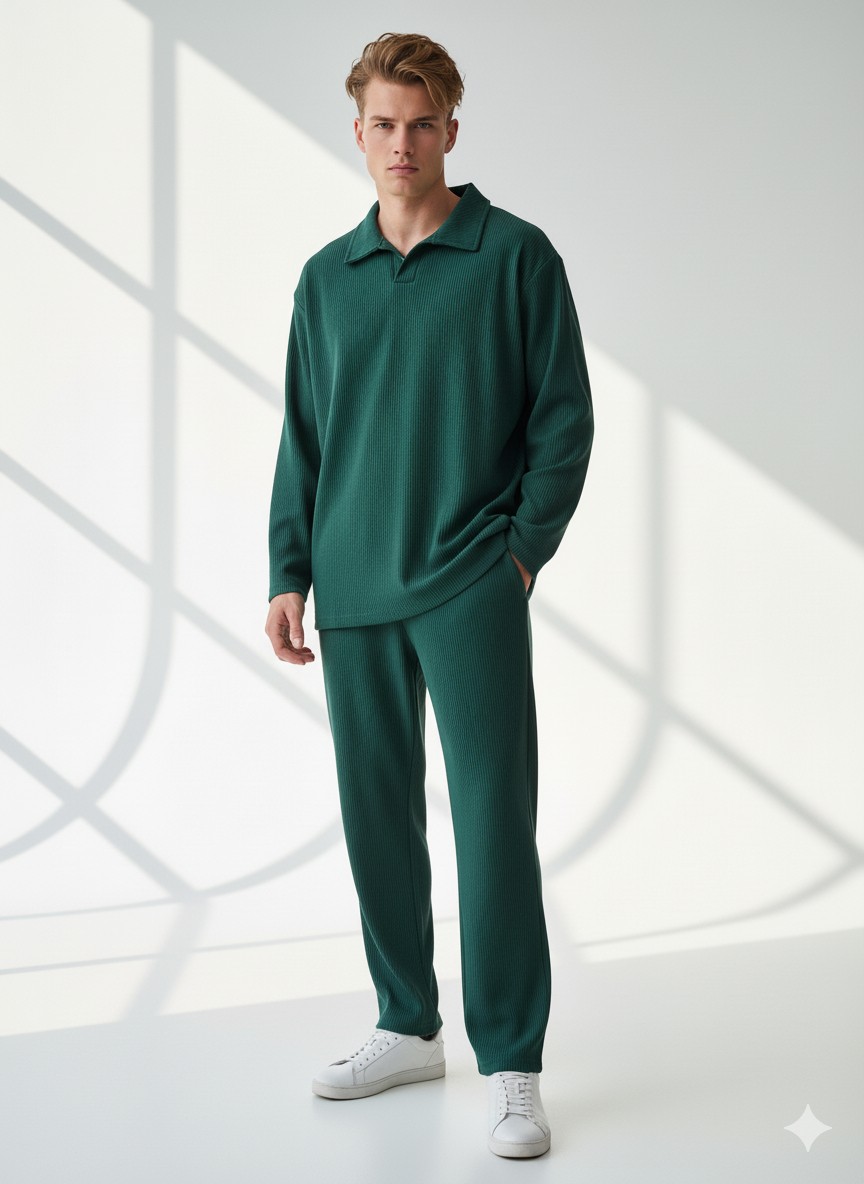 Ribana Classic Unisex Fitilli Gömlek Yaka Uzun Kol Cepli Beli Lastikli 2'li Takım görsel 5