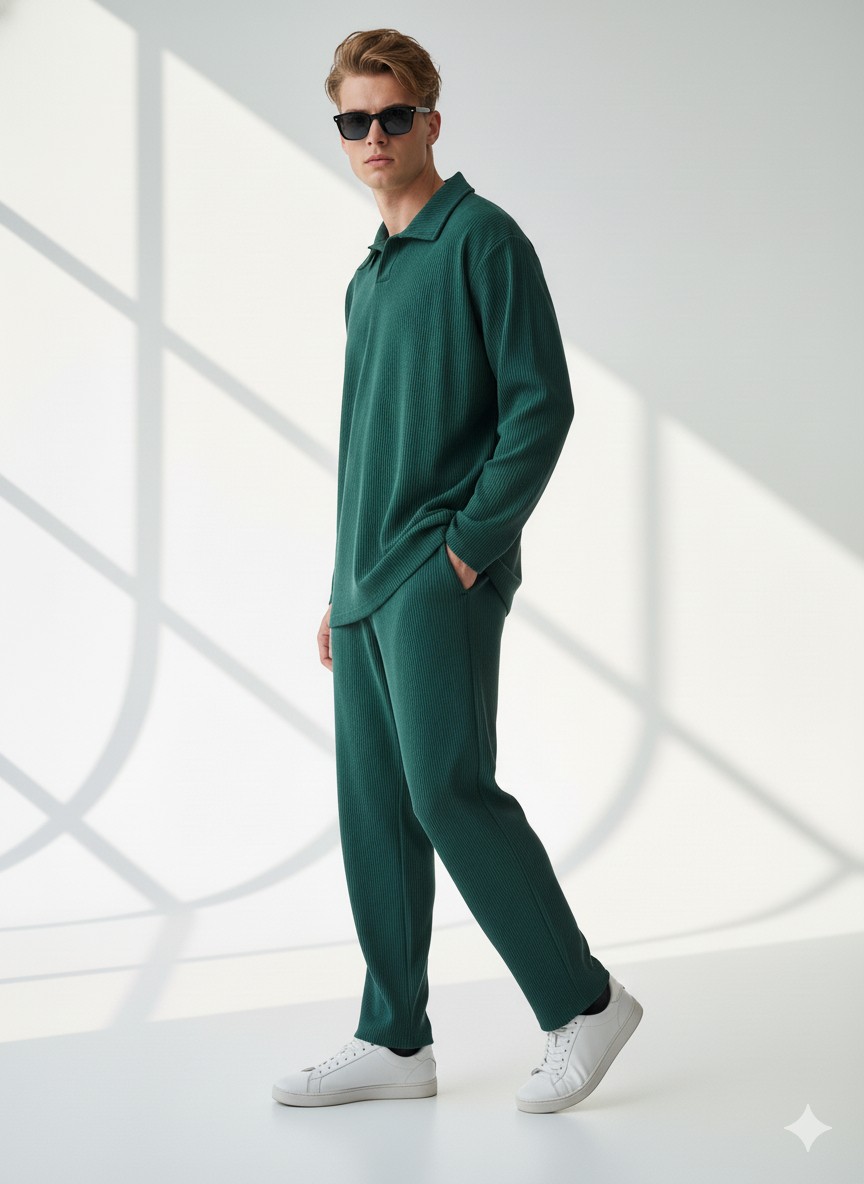 Ribana Classic Unisex Fitilli Gömlek Yaka Uzun Kol Cepli Beli Lastikli 2'li Takım görsel 6