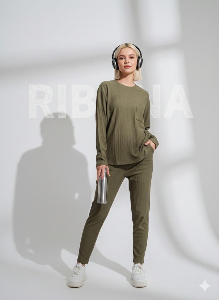 Ribana Classic Unisex Haki Fitilli Içi Polarlı Bisiklet Yaka Slim Cepli 2'li Takım