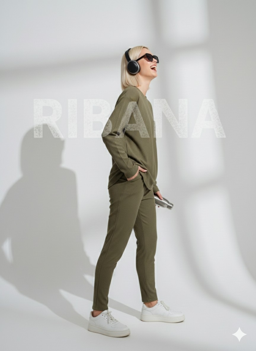 Ribana Classic Unisex Haki Fitilli Içi Polarlı Bisiklet Yaka Slim Cepli 2'li Takım görsel 2