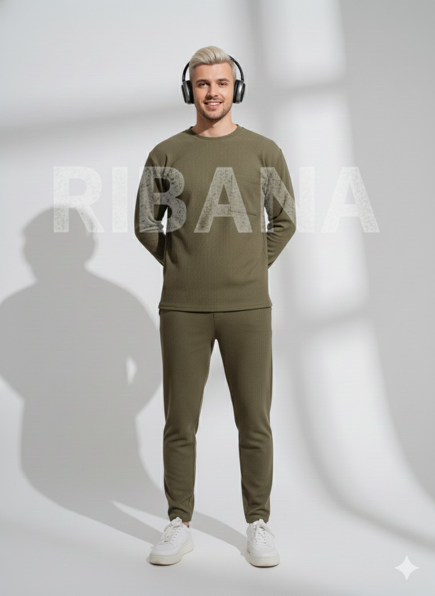 Ribana Classic Unisex Haki Fitilli Içi Polarlı Bisiklet Yaka Slim Cepli 2'li Takım görsel 3