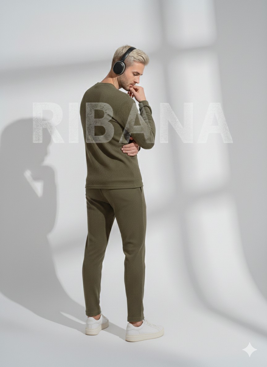 Ribana Classic Unisex Haki Fitilli Içi Polarlı Bisiklet Yaka Slim Cepli 2'li Takım görsel 4