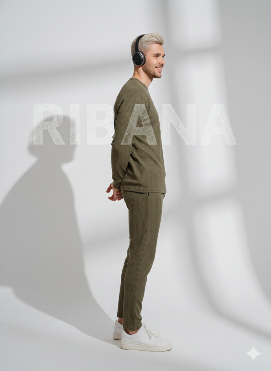 Ribana Classic Unisex Haki Fitilli Içi Polarlı Bisiklet Yaka Slim Cepli 2'li Takım görsel 5