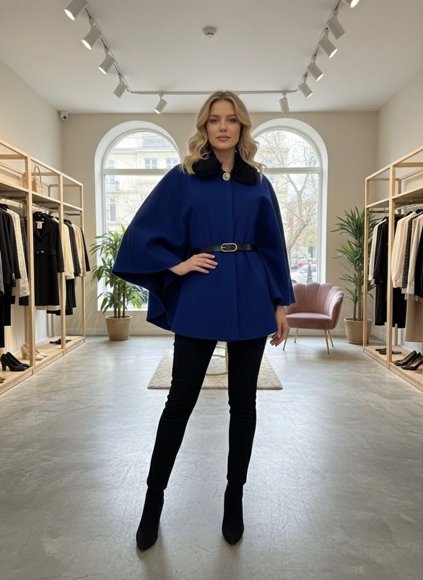 M&Ç Boutique Kadın Yaka Detaylı Kemerli Kaşe Pelerin, Elegant Mavi Model