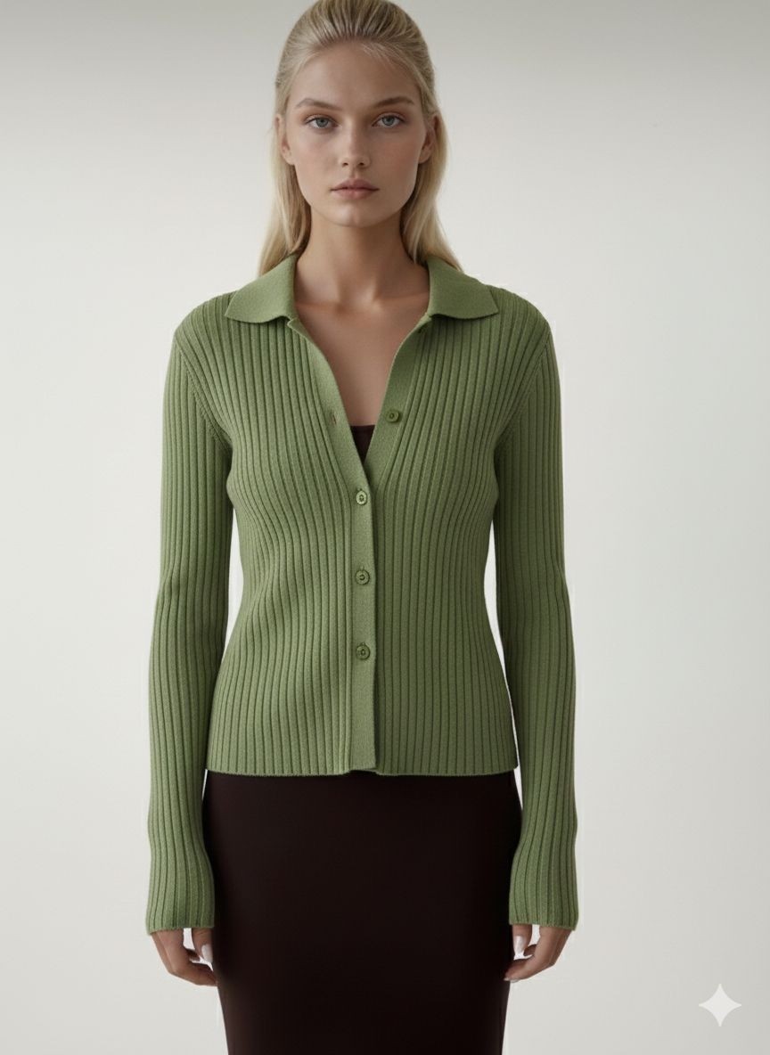 Nihanello Butik Zeytinyağı Yeşilli Düğmeli Triko