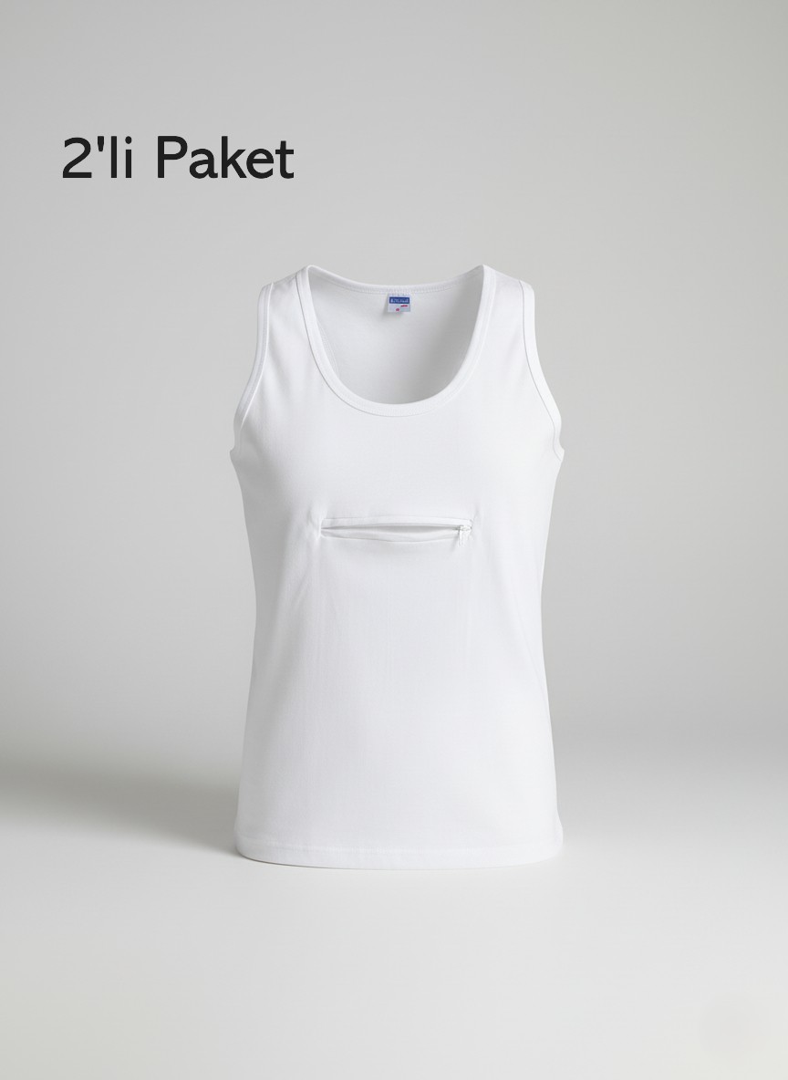 Balkonda Kadın Atlet Cepli Fermuarlı Hac-Umre Seyahat Amaçlı 2'li Avantajlı Paket Esnek Pamuklu Cotton Beyaz görsel 8