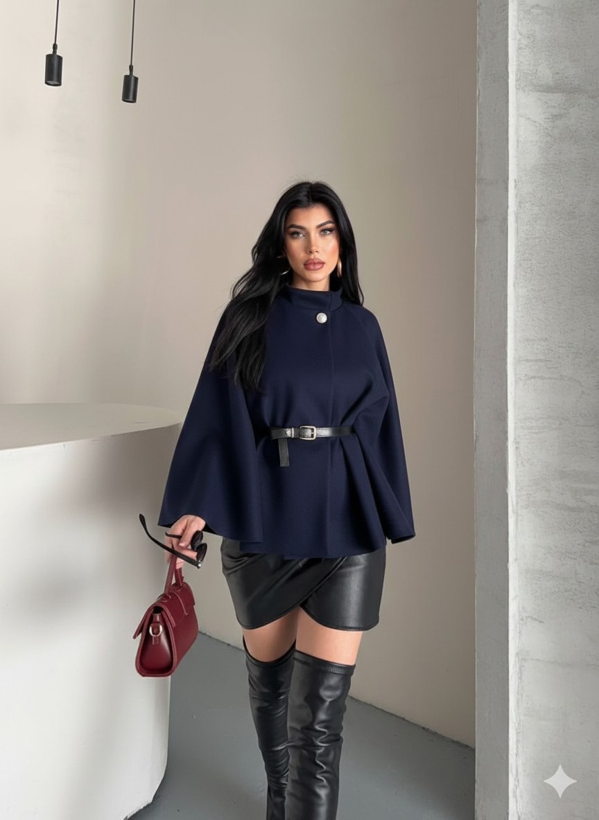 Ribana Classic Kadın Gold Düğme Detaylı Kemerli Standart Beden Oversize Trend Kısa Panço 4837