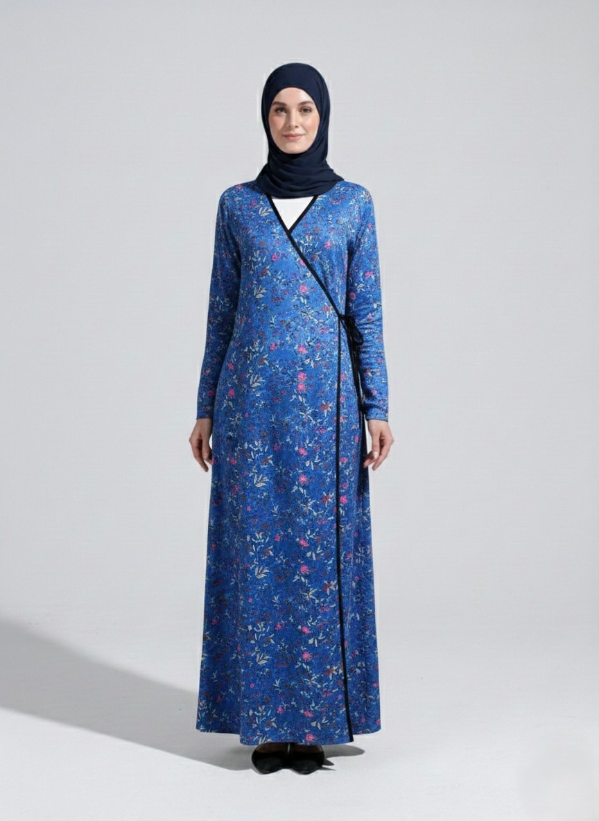 Plistre 2311_PRATIK Yandan Bağlamalı Kruvaze Biye Kuşaklı %100 Polyester Kumaş Tesettür Namaz Elbisesi