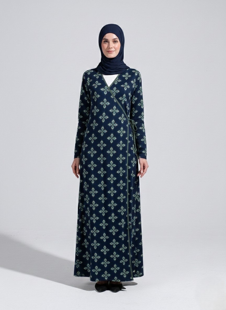 Plistre 2311_PRATIK Yandan Bağlamalı Kruvaze Biye Kuşaklı %100 Polyester Kumaş Tesettür Namaz Elbisesi görsel 4