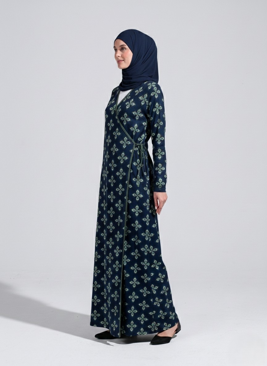 Plistre 2311_PRATIK Yandan Bağlamalı Kruvaze Biye Kuşaklı %100 Polyester Kumaş Tesettür Namaz Elbisesi görsel 5