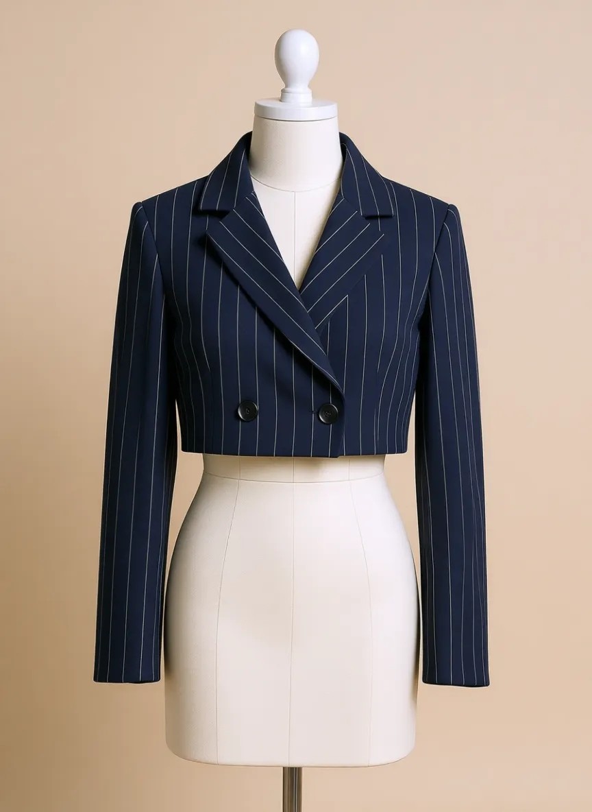 Quzu Kadın Çizgi Detaylı Crop Blazer Ceket Lacivert Dokuma Kumaş Özellikli görsel 3