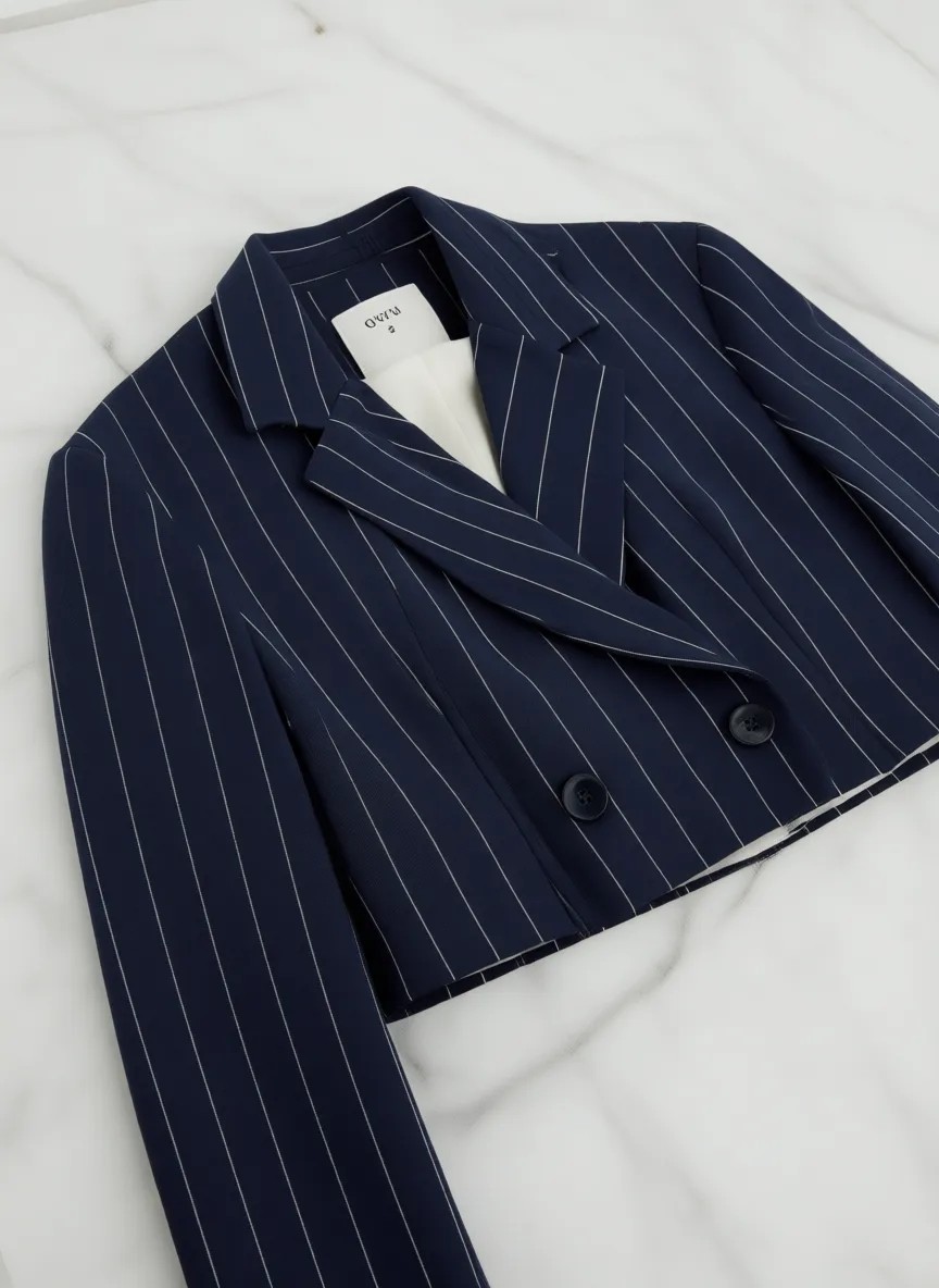 Quzu Kadın Çizgi Detaylı Crop Blazer Ceket Lacivert Dokuma Kumaş Özellikli görsel 4