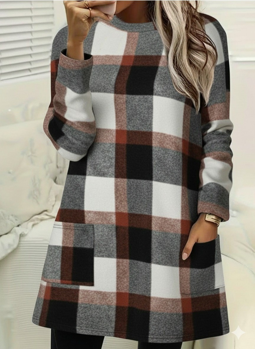 Efnaz Style Kadın Uzun Kollu Yarı Balıkçı Yakalı Cep Detaylı Ekoseli Dokuma Tunik