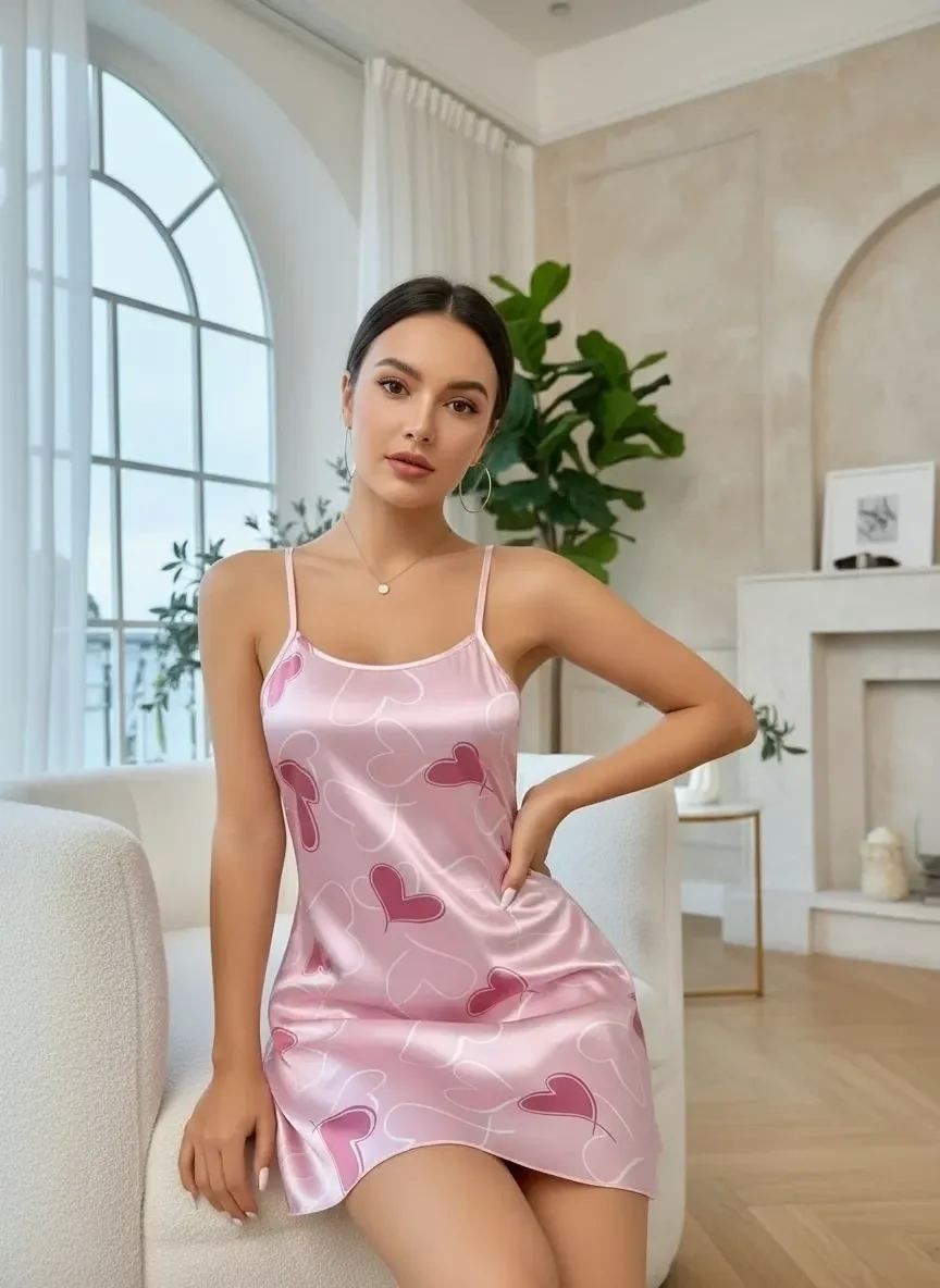 Ava Style Kadın Pembe Saten Gecelik Fuşya Kalp Desenli Askılı Ince Askılı Şık Kadın Geceliği Özel