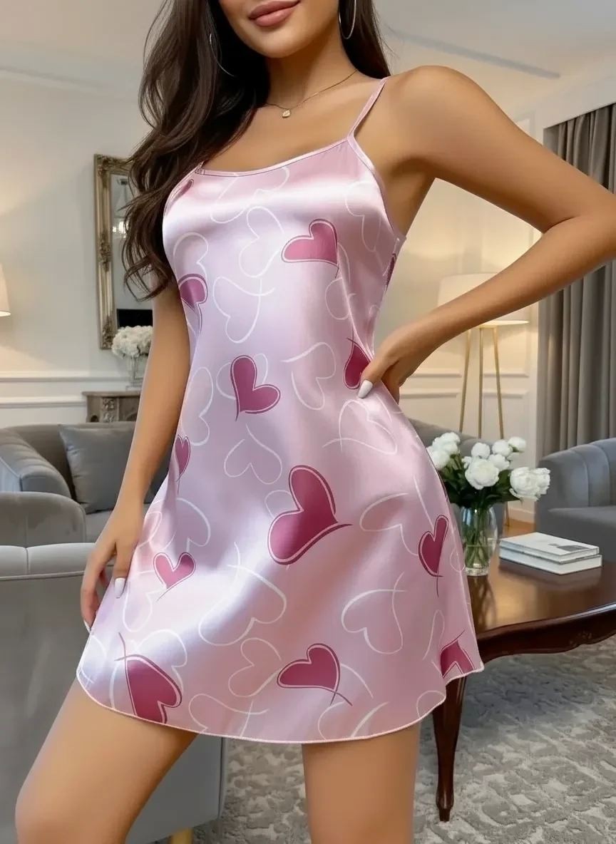 Ava Style Kadın Pembe Saten Gecelik Fuşya Kalp Desenli Askılı Ince Askılı Şık Kadın Geceliği Özel görsel 5