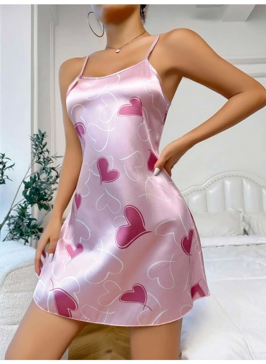 Ava Style Kadın Pembe Saten Gecelik Fuşya Kalp Desenli Askılı Ince Askılı Şık Kadın Geceliği Özel görsel 8