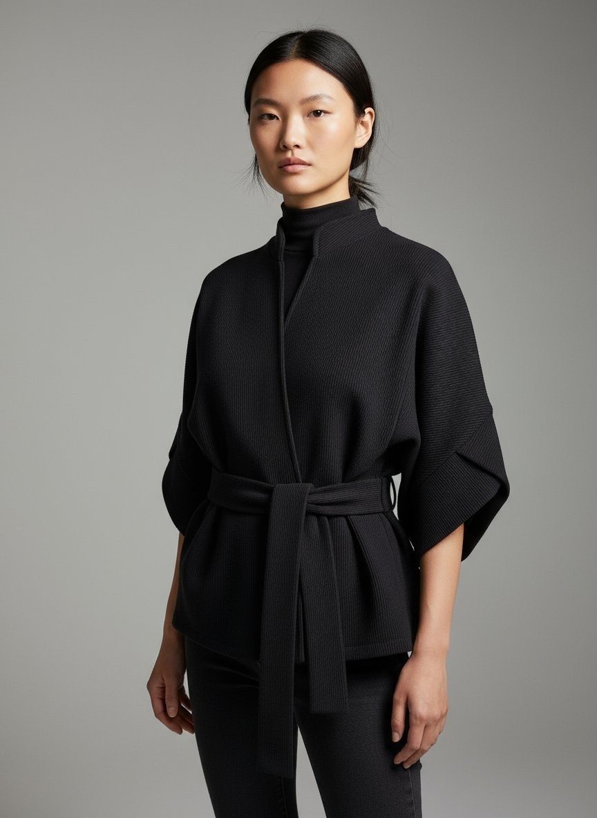 Comstar Kadın Trend Beli Bağlamalı Siyah Kimono Hırka görsel 3
