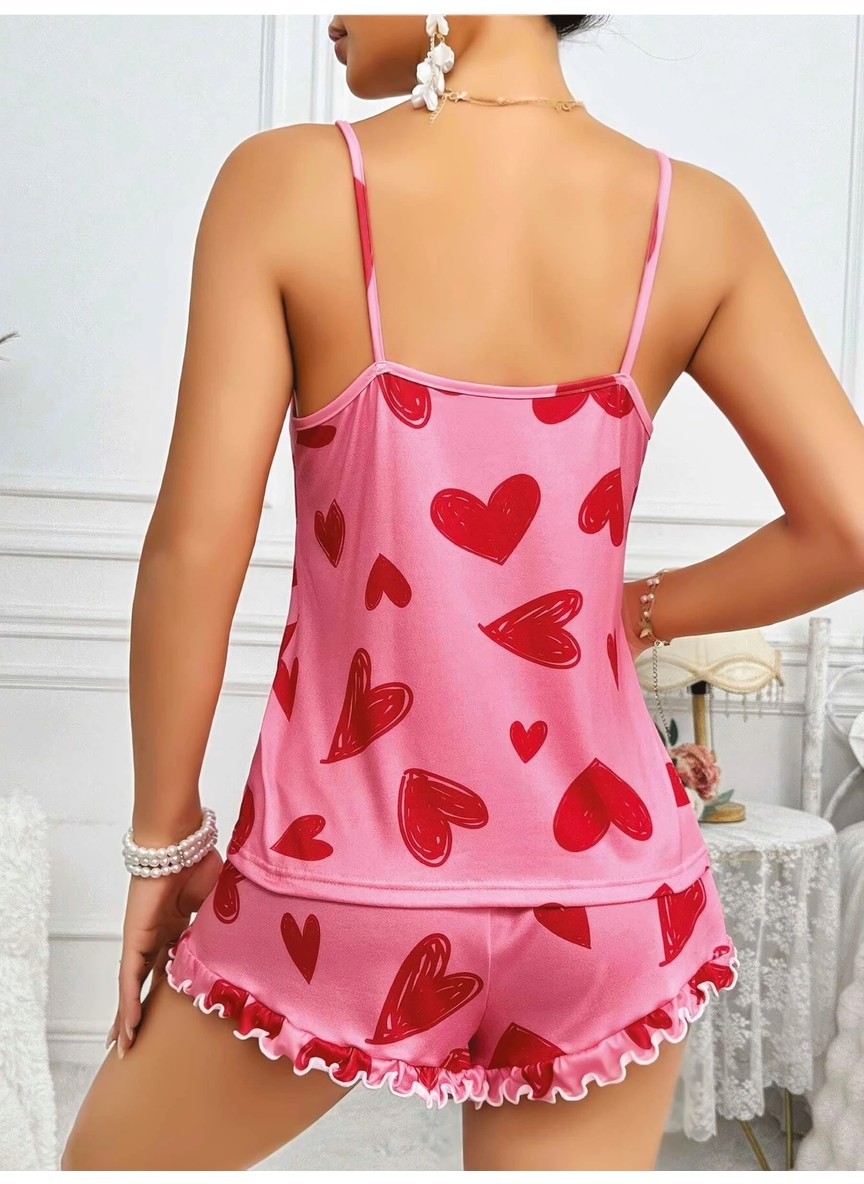 Nemere Kadın Pembe Kalp Baskılı Şortlu Gecelik Pijama Takımı Sevimli Rahat 2’li Set görsel 4
