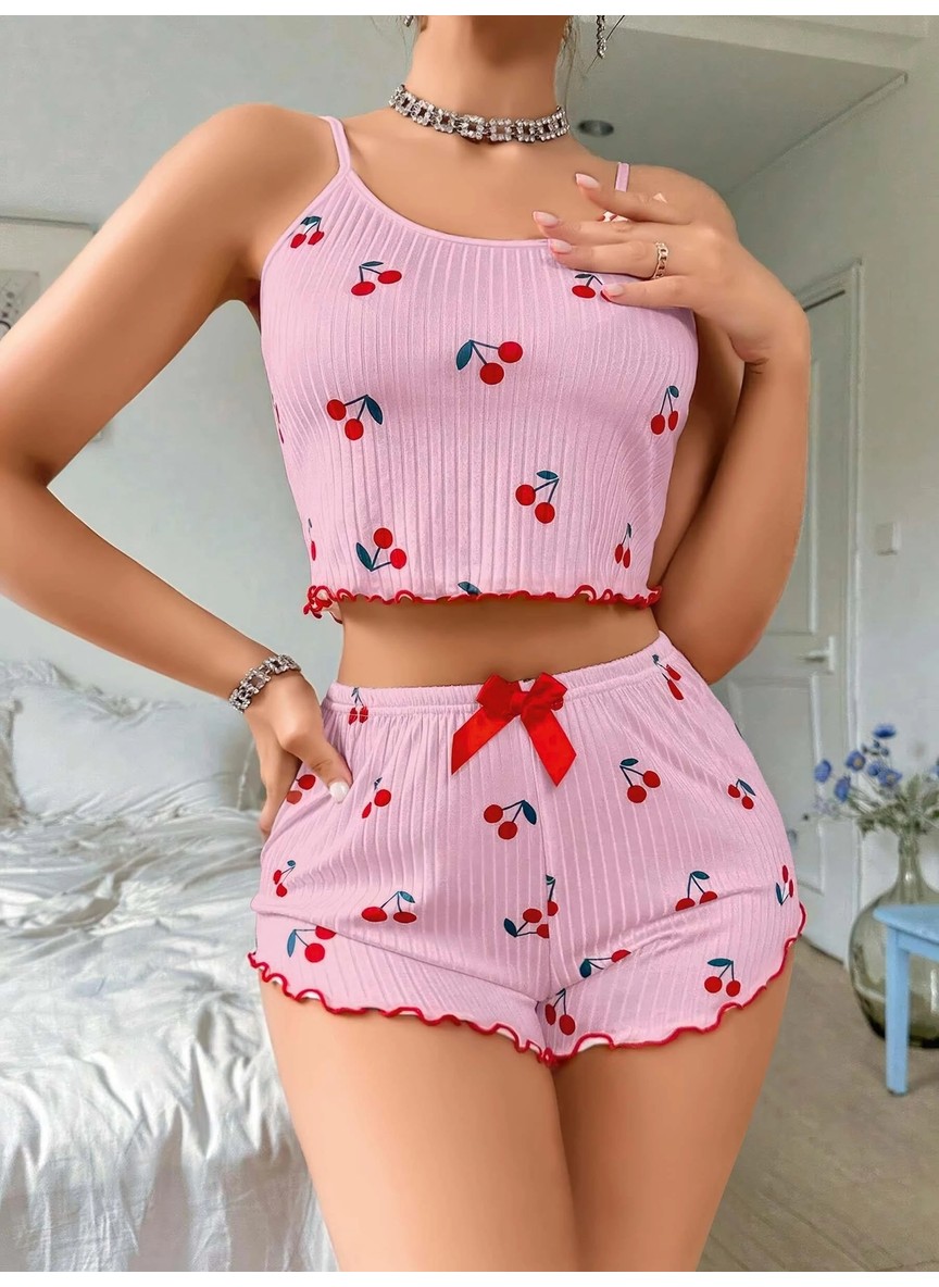 Nemere Kadın Pembe Kiraz Desenli Askılı Şortlu Pijama Takımı Rahat Şık 2’li Set görsel 2