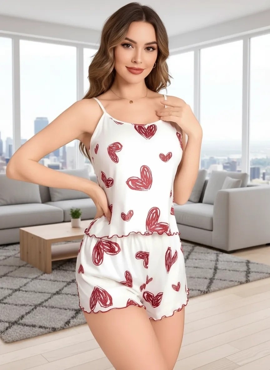 Nemere Kadın Beyaz Kalp Desenli Şortlu Gecelik Pijama Takımı Sevimli Rahat 2’li Set