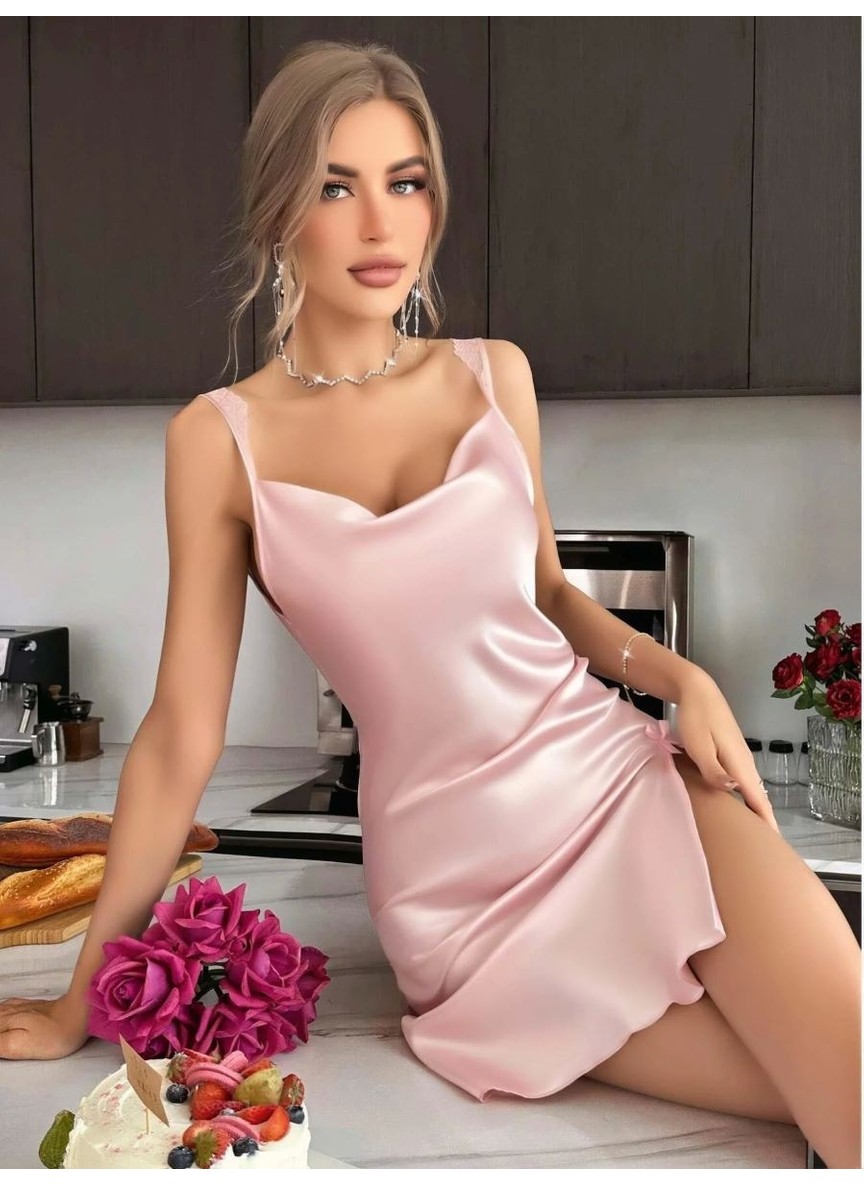Beruflic Kadın Pudra Pembe Saten Gecelik Dantel Detaylı Askılı Ince Askılı Şık Kadın Geceliği Öze görsel 8
