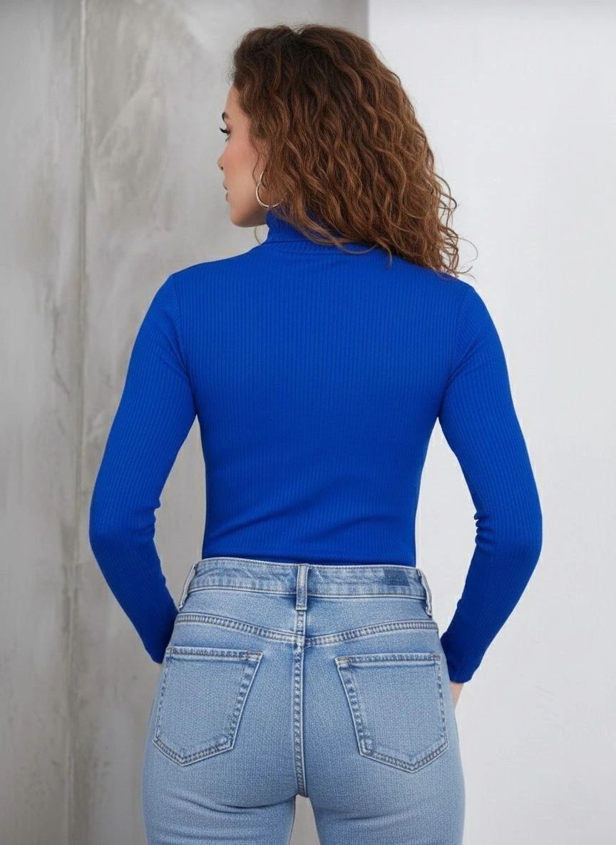 Fantastik Store Kadın Tam Boğazlı Fitilli Likralı Kaşkorse Badi Ince Uzun Kollu - Saks Mavisi görsel 4