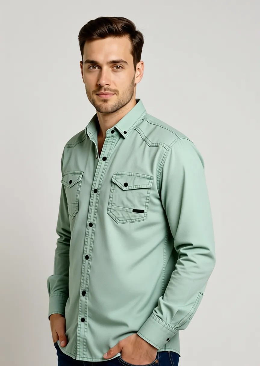 Bombe Slim Fit Erkek Kot Gömlek Su Yeşili görsel 8