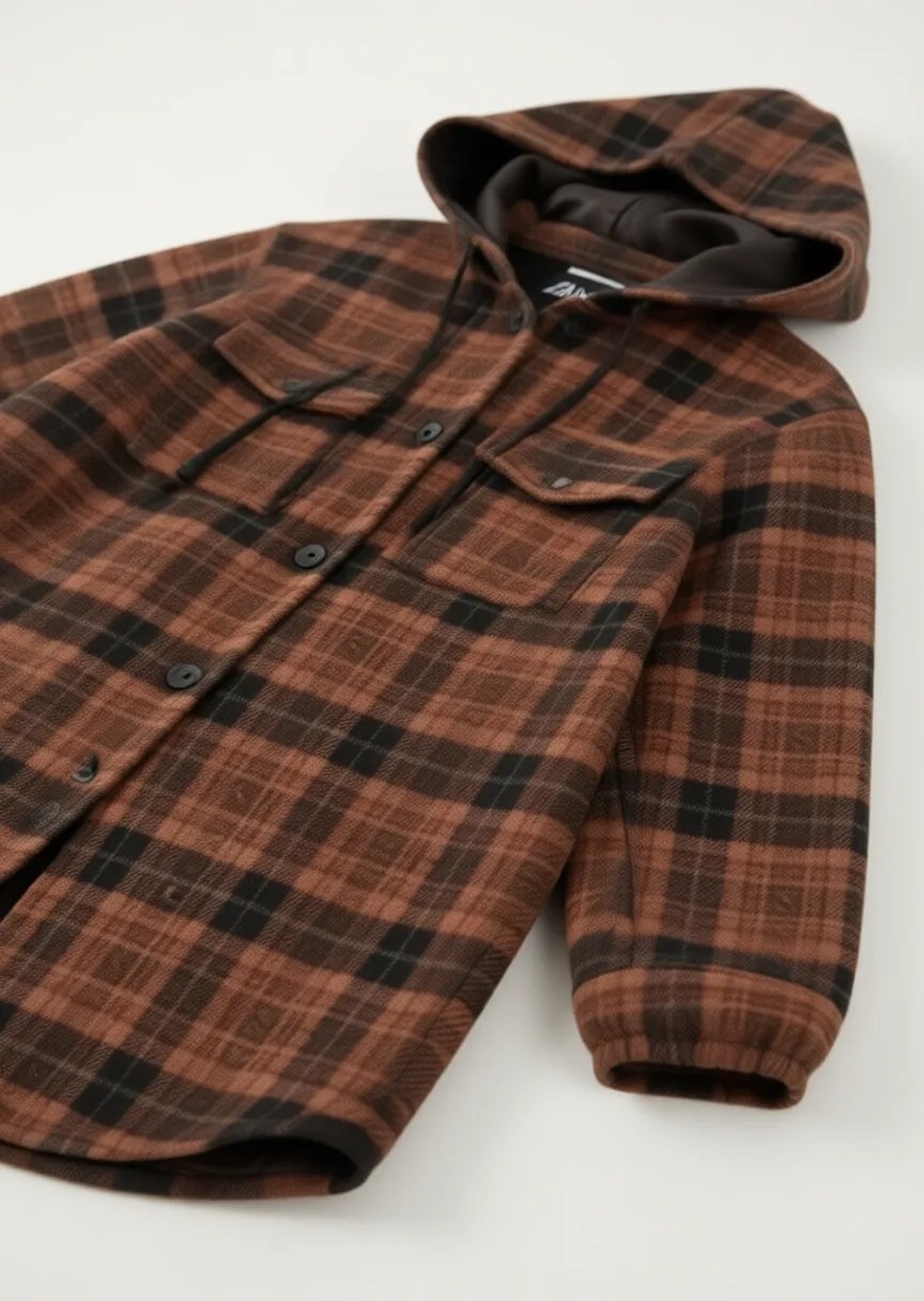 Roxxlen Kadın Kapüşonlu Ekose Kaban Kiremit Polyester Büyük Beden Casual Stil görsel 5